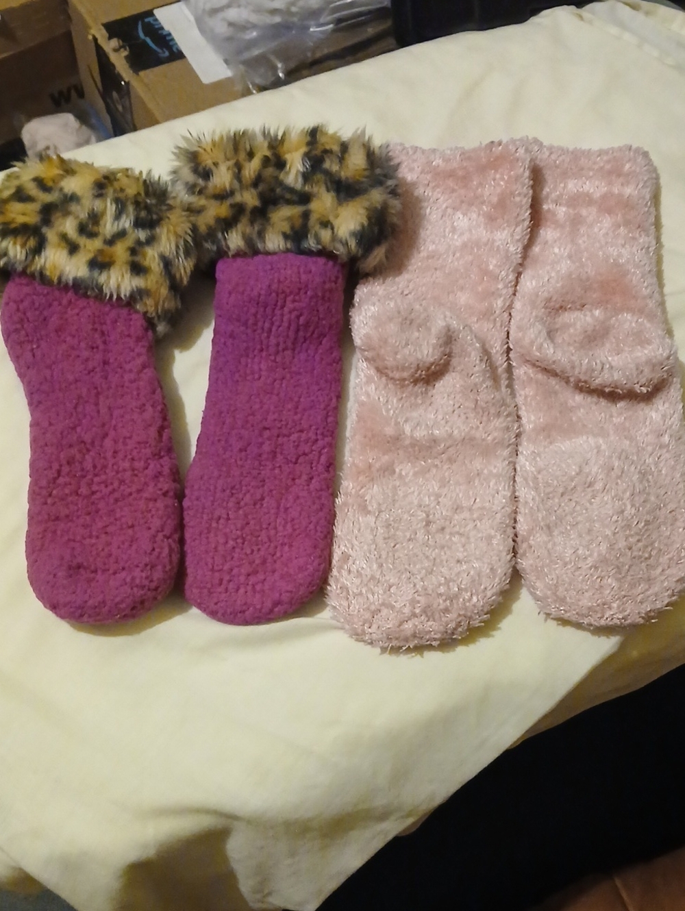 Cozy Vintage early 90s  Socks Duo -  One is pink& one is purple w/ leopard fur.